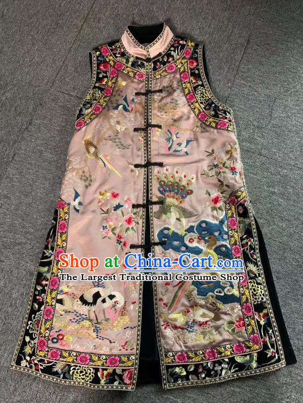 China Tang Suit Pink Silk Long Waistcoat National Female Clothing Embroidered Birds Cotton Wadded Vest