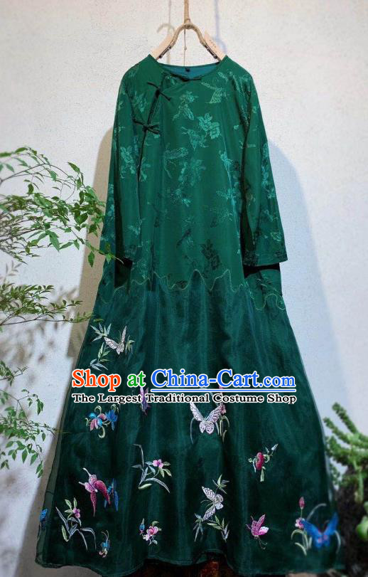 Chinese National Green Silk Cheongsam Clothing Traditional Embroidered Butterfly Long Qipao Dress