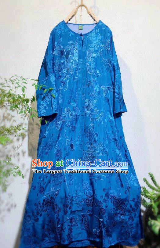 Traditional Chinese Royalblue Silk Cheongsam National Clothing Embroidered Long Qipao Dress