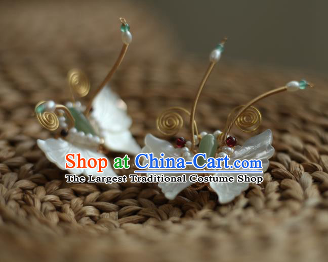 Chinese Handmade Jade Pearls Hairpin Traditional Hanfu Hair Accessories Ancient Princess White Shell Butterfly Hair Claw