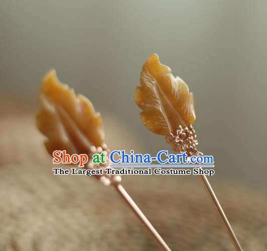 Chinese Handmade Yellow Jade Leaf Hairpin Traditional Hanfu Hair Accessories Ancient Princess Hair Clip