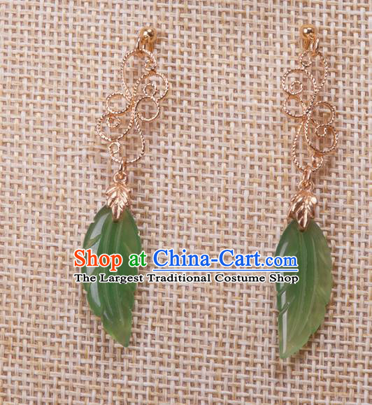 China Traditional Ming Dynasty Earrings Ancient Princess Jade Leaf Ear Jewelry