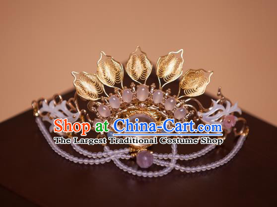 Chinese Handmade Beads Tassel Hairpin Traditional Ming Dynasty Princess Golden Leaf Hair Crown