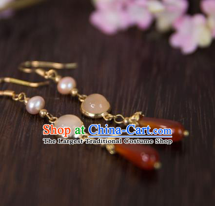 China Traditional Hanfu Agate Earrings Ancient Ming Dynasty Princess Pearl Ear Jewelry