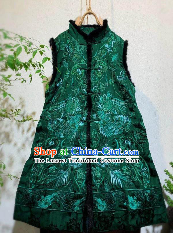 China National Winter Clothing Embroidered Green Silk Vest Tang Suit Waistcoat