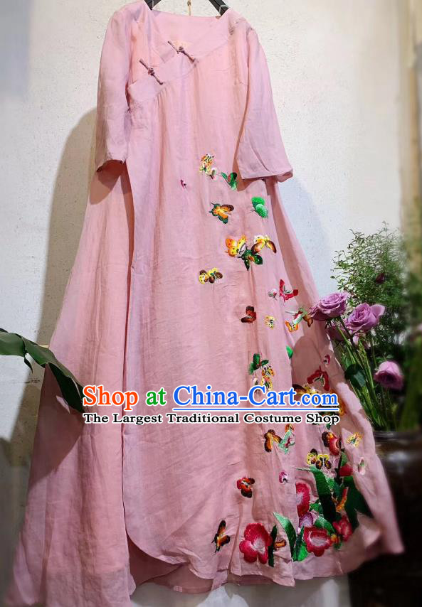 Chinese National Pink Flax Cheongsam Traditional Dress Clothing Embroidered Butterfly Qipao