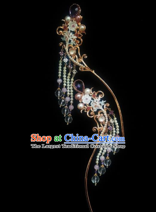 Chinese Handmade Ancient Princess Pearls Tassel Hairpin Traditional Ming Dynasty Zircon Hair Stick