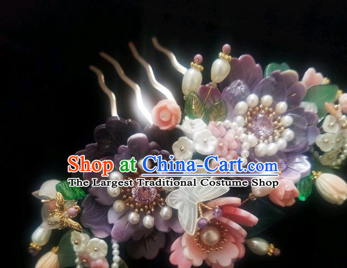 Chinese Handmade Purple Peony Pearls Hairpin Traditional Ming Dynasty Shell Butterfly Hair Comb