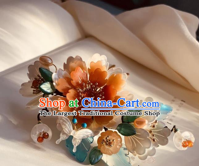 Chinese Handmade Shell Butterfly Hair Stick Traditional Ming Dynasty Princess Red Peony Hairpin