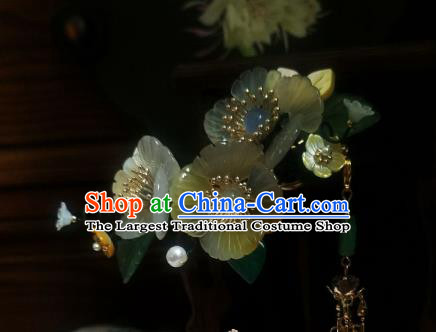 Chinese Handmade Shell Flowers Hairpin Traditional Ming Dynasty Pearls Tassel Hair Stick