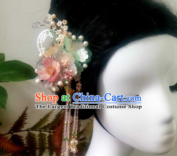 Chinese Handmade Beads Tassel Hairpin Traditional Ming Dynasty Princess Shell Peony Hair Stick