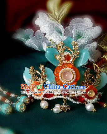 Chinese Handmade Pearls Hairpin Traditional Song Dynasty Princess Orange Chalcedony Hair Crown