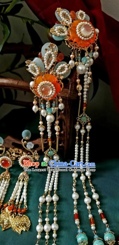 Chinese Handmade Pearls Tassel Hairpin Traditional Song Dynasty Princess Orange Chalcedony Plum Hair Stick