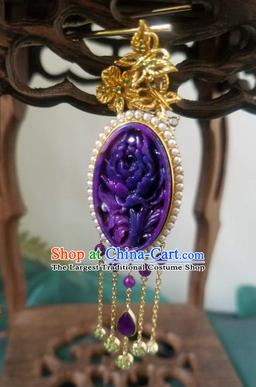 China Traditional Carving Peony Necklace Pendant Accessories Handmade Amethyst Tassel Necklet