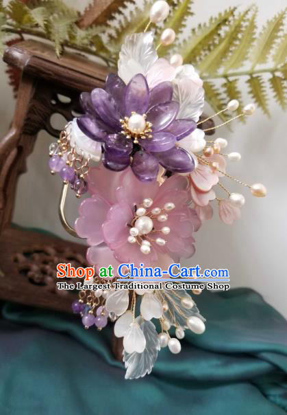 Chinese Handmade Shell Flowers Hairpin Traditional Ming Dynasty Princess Purple Lotus Hair Stick