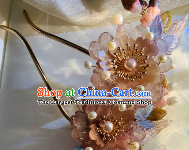 Chinese Handmade Rose Quartz Peony Hair Stick Traditional Ming Dynasty Princess Pearls Tassel Hairpin