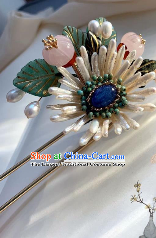 Chinese Handmade Shell Chrysanthemum Hair Stick Traditional Ming Dynasty Princess Rose Quartz Hairpin