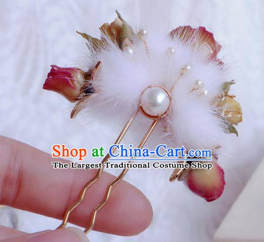 Chinese Handmade Flowers Hairpin Traditional Ming Dynasty Princess Fur Hair Stick