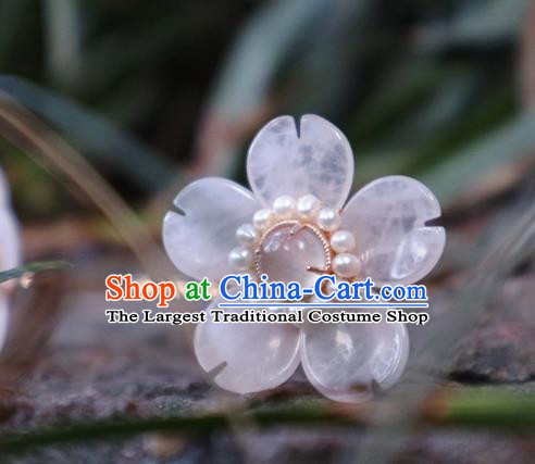 Chinese Handmade Rose Quartz Hairpin Traditional Ming Dynasty Princess Pearls Peach Blossom Hair Stick