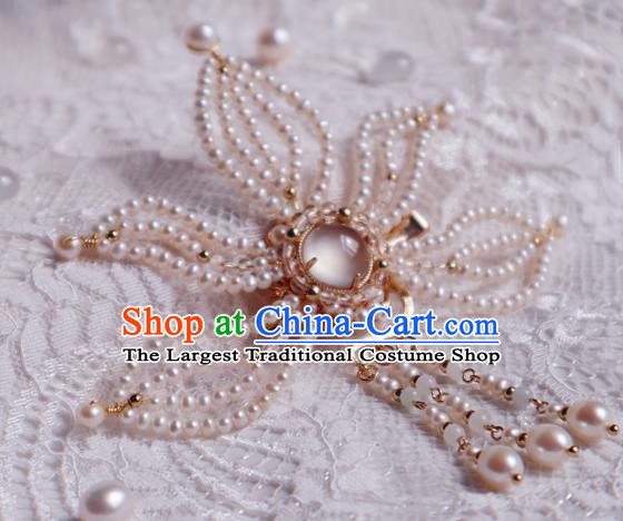 Chinese Handmade Tassel Hair Stick Traditional Ming Dynasty Princess Pearls Lotus Hair Claw