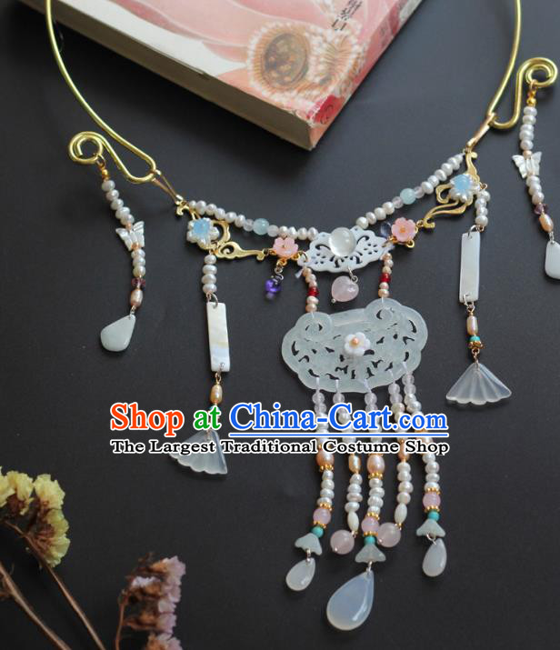 China Handmade Hanfu Jade Necklet Jewelry Traditional Ming Dynasty Pearls Tassel Longevity Lock Accessories