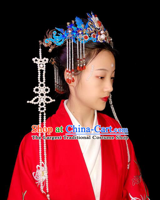 Chinese Handmade Blueing Phoenix Coronet Traditional Ming Dynasty Wedding Hair Accessories Full Set