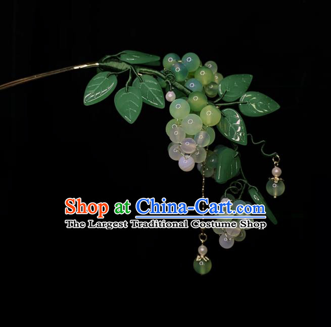 Chinese Handmade Hanfu Green Beads Tassel Hairpin Traditional Ming Dynasty Princess Grape Hair Stick