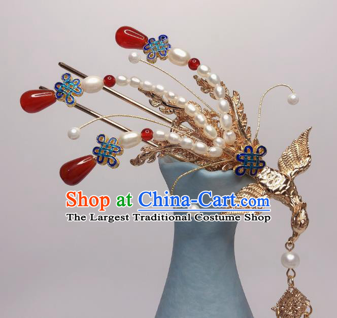 Chinese Handmade Golden Phoenix Hairpin Traditional Ming Dynasty Empress Pearls Hair Stick