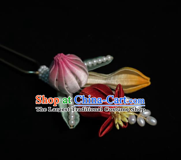 Chinese Handmade Silk Flowers Hair Stick Traditional Song Dynasty Princess Pearls Hairpin