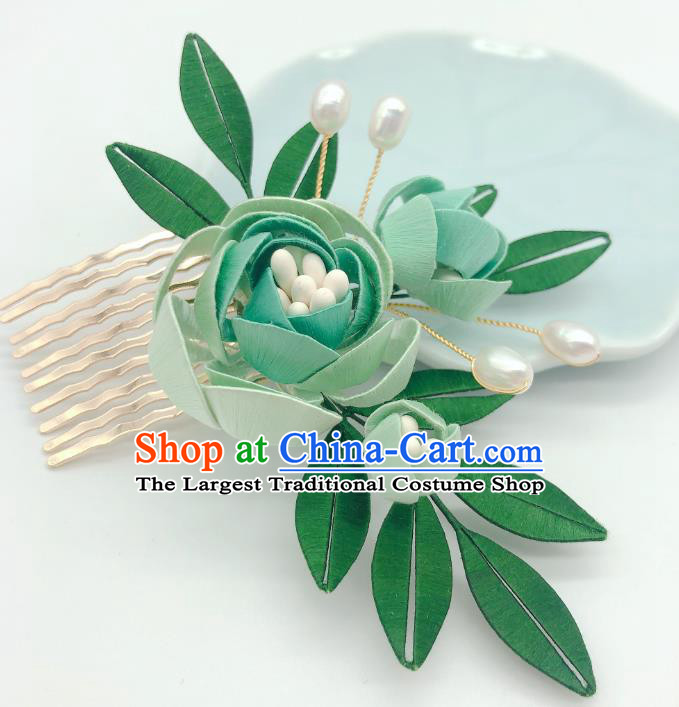 Chinese Traditional Ming Dynasty Princess Hair Stick Handmade Green Rose Hair Comb