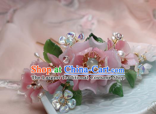 Chinese Handmade Ming Dynasty Pink Peony Hairpin Traditional Plastic Flowers Hair Stick