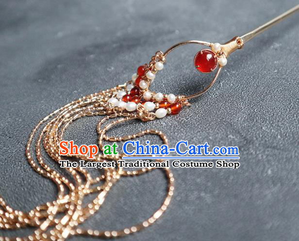 Chinese Handmade Golden Long Tassel Hair Stick Traditional Ming Dynasty Hairpin Accessories