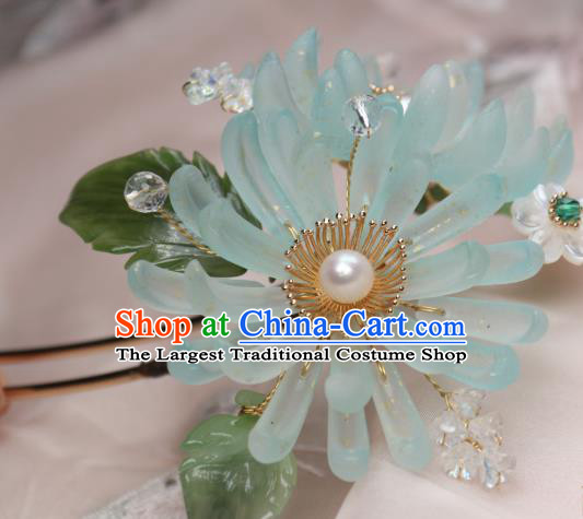 Chinese Handmade Ming Dynasty Hairpin Traditional Ancient Princess Blue Chrysanthemum Hair Stick