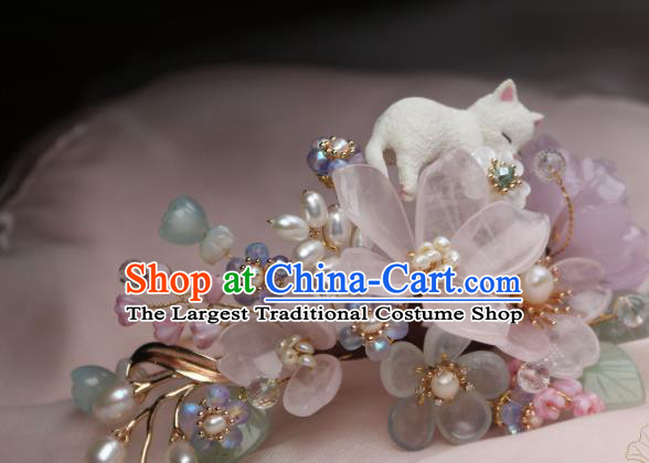 Chinese Handmade Rose Quartz Hairpin Traditional Ancient Princess Sakura Hair Stick