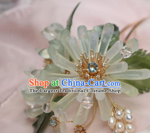 Chinese Handmade Crystal Pearls Hairpin Traditional Ancient Princess Green Chrysanthemum Hair Stick