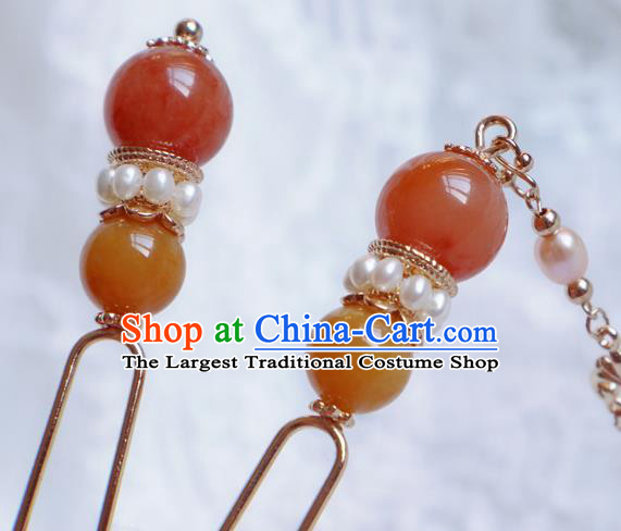 Chinese Handmade Agate Hairpin Traditional Tang Dynasty Noble Princess Pearls Tassel Hair Stick