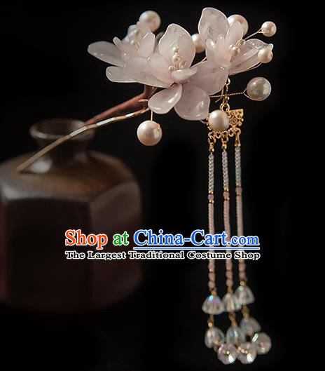 Chinese Handmade Beads Tassel Hair Stick Traditional Ming Dynasty Princess Pink Mangnolia Hairpin