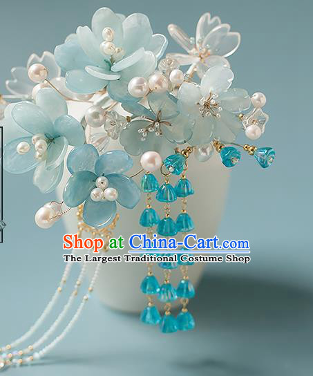 Chinese Handmade Blue Flowers Hair Stick Traditional Tang Dynasty Princess Tassel Hairpin