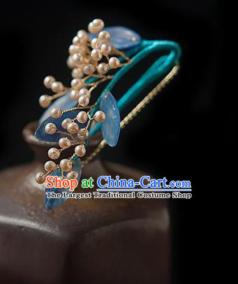 Chinese Handmade Blue Leaf Hair Stick Traditional Ming Dynasty Princess Pearls Hairpin