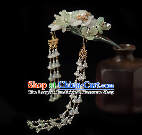 Chinese Handmade Green Flowers Hair Stick Traditional Tang Dynasty Princess Tassel Hairpin