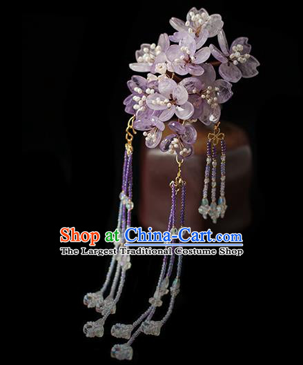 Chinese Handmade Purple Sakura Hair Stick Traditional Tang Dynasty Princess Amethyst Beads Tassel Hairpin