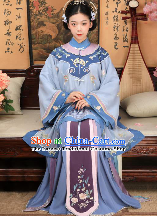 China Ancient Landlord Consort Blue Dress Garment Traditional Qing Dynasty Rich Female Clothing