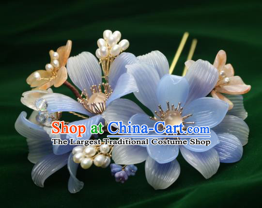 Chinese Handmade Shell Pearls Hairpin Traditional Ancient Princess Blue Lily Flowers Hair Stick