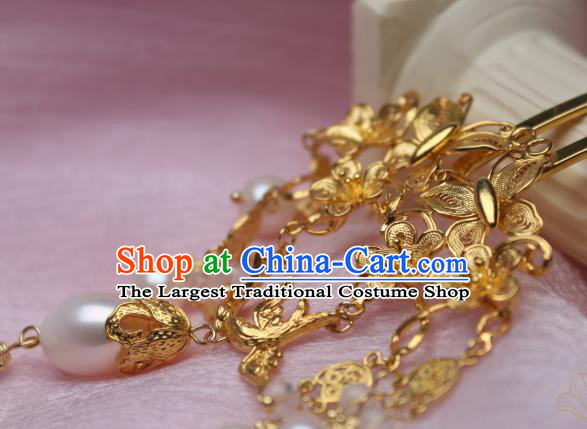 Chinese Handmade Pearls Tassel Hair Stick Traditional Ancient Princess Golden Butterfly Hairpin