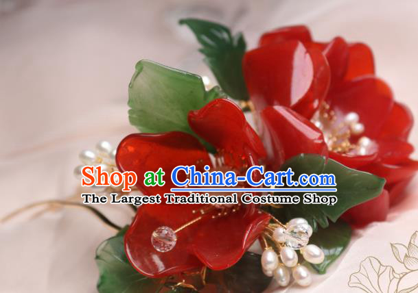 Chinese Handmade Red Camellia Hair Stick Traditional Ancient Princess Pearls Hairpin Hair Accessories