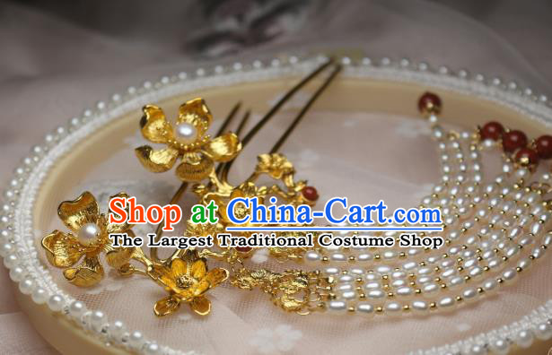 Chinese Handmade Tang Dynasty Pearls Tassel Hair Stick Traditional Ancient Princess Golden Lotus Hairpin