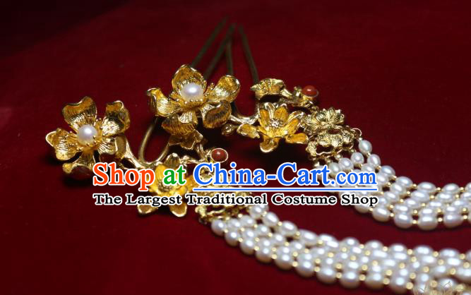 Chinese Traditional Ancient Princess Golden Peony Hairpin Handmade Tang Dynasty Pearls Tassel Hair Stick