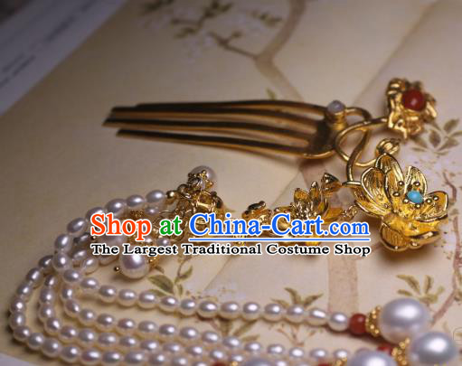 Chinese Handmade Golden Lotus Hair Comb Traditional Ancient Princess Pearls Tassel Hairpin Headwear