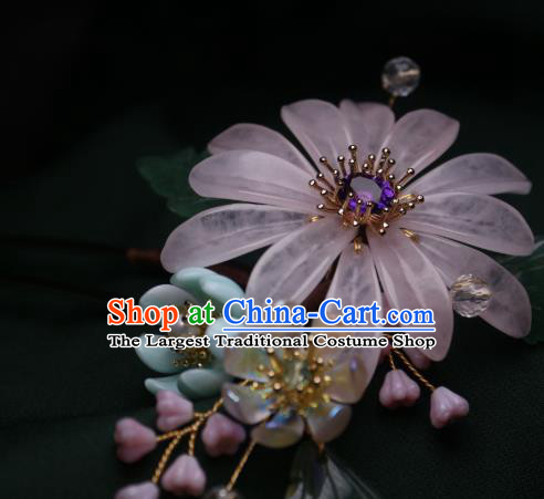 Chinese Handmade Amethyst Hair Stick Traditional Ancient Princess Pink Chrysanthemum Hairpin Headpiece