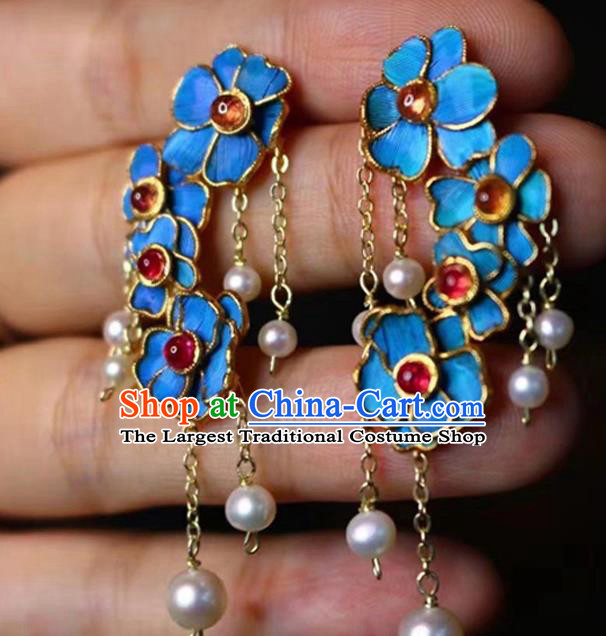 China Classical Tourmaline Ear Jewelry Traditional Cheongsam Pearls Tassel Earrings